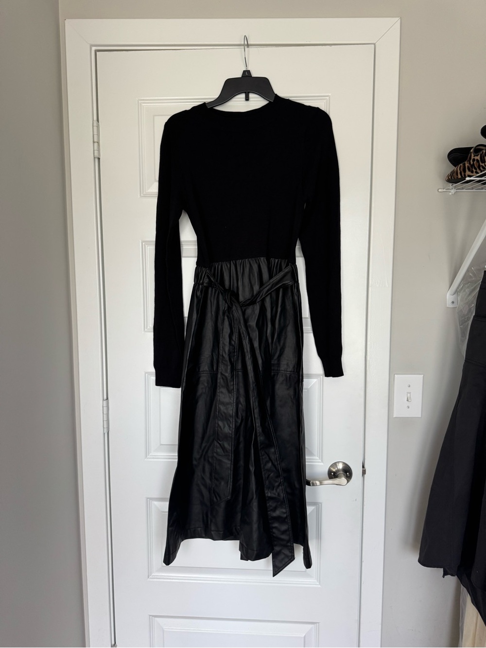 Roolee Black Long Sleeve Faux-Leather Waist Tie Dress